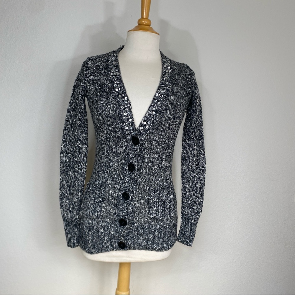 Womens Black Gray White Knit Sequins V Neck Button Cardigan Size XS Girlhoodcore